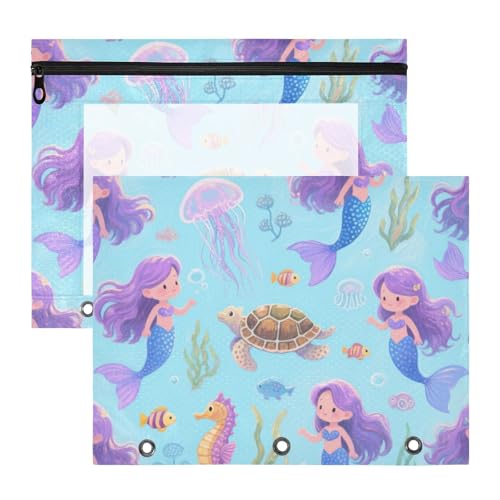 Kosmetiktasche, 3 Löcher, 3 Ringe, Tasche für 3 Ringe, Ordner, 2 Stück, Studenten, Klasse, niedlich, Cartoon, lila, Meerjungfrau, Quallen Kosmetiktasche, 3 Löcher, 3 Ringe, Tasche für 3 Ringe, Ordner, 2 Stück, Studenten, Klasse, niedlich, Cartoon, lila, Meerjungfrau, Quallen von KLL