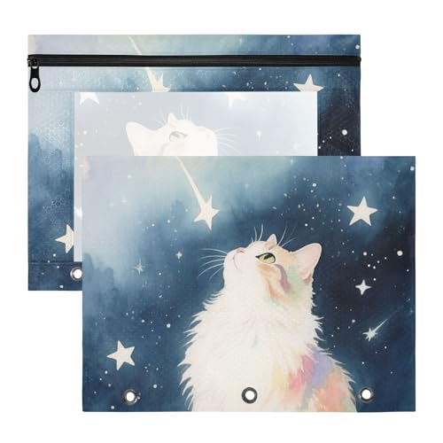 Kosmetiktasche, 3 Löcher, 3 Ringe, Tasche für A4-Papier, Briefe, 2 Stück, Studenten, Klasse, niedliche weiße Katze, Aquarell von KLL