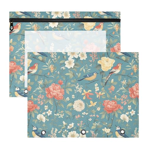 Kosmetiktasche, Mehrzwecktasche, 3 Löcher, für A4-Papier, Briefe, 2 Stück, Studenten, Kunstbedarf, Aufbewahrung, blaue Blumen und Vögel von KLL