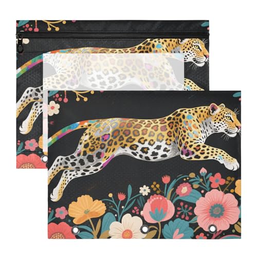 Kosmetiktasche, transparenter Kunststoff, Ordner für 3 Ringe, 2 Stück, für Lehrer, Kunstbedarf, Aufbewahrung, buntes Leoparden- und Blumenmuster, Art-Deco Kosmetiktasche, transparenter Kunststoff, Ordner für 3 Ringe, 2 Stück, für Lehrer, Kunstbedarf, Aufbewahrung, buntes Leoparden- und Blumenmuster, Art-Deco von KLL
