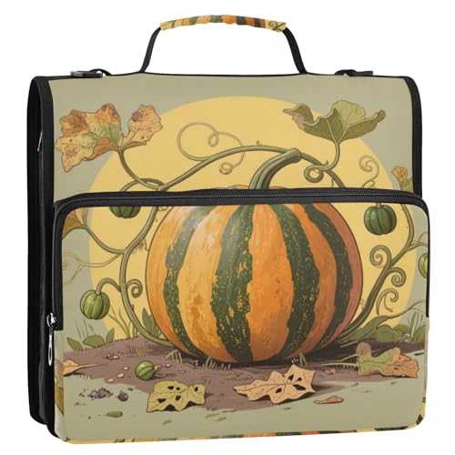 Kürbis Herbst Gelb Orange Retro 3 Ringe Reißverschluss Ordner mit Griff und abnehmbarem Schultergurt Mehrere Taschen Dokumente Akten Aufbewahrungstasche für Schule Clip de Cremallera escolar von KLL