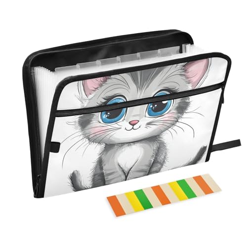 Mappe mit mehreren Fächern, Motiv: Katze, Kätzchen, 13 Fächer, A4, Briefgröße mit Reißverschluss, für Büro, Aktenhüllen, Organizer, Grau von KLL