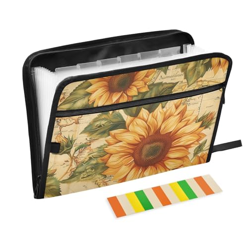 Mappe mit mehreren Fächern, Vintage-Sonnenblumen, 13 Taschen, A4, Briefgröße mit Reißverschluss, für Zuhause, Büro, Reisen, Aktenordner, Jacken, Teppiche von KLL