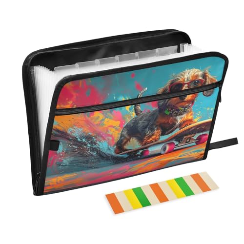 Mappe mit niedlichem Hunde-Reit-Skateboard, Retro-Street-Stil, bunt, mehrere Taschen, A4, Briefgröße mit Reißverschluss, für Dokumentenaufbewahrung, Akkordeon, Dokumentenmappe, Fächermappe von KLL