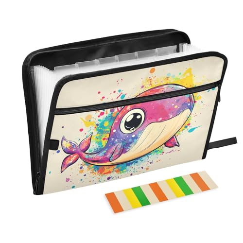 Mappe mit niedlichem Wal-Design, mehrfarbig, mit Taschen, 13 Fächer, A4, Briefgröße mit Reißverschluss, für Zuhause, Büro, Reisen, Kunststoff, Fächermappe für Para-Guardar-Dokumente von KLL