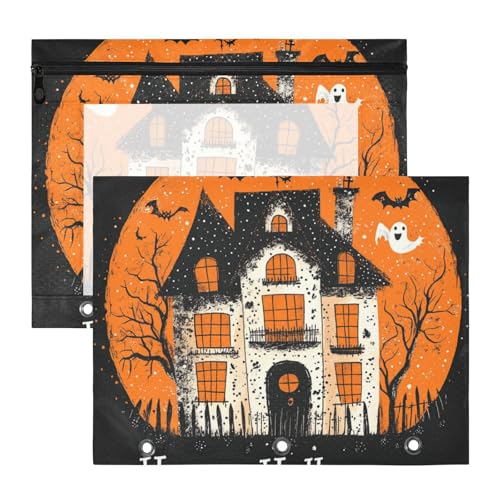 Mehrzweck-Federmäppchen mit 3 Löchern, für A4-Papier, Briefe, 2 Stück, für Lehrer, Schule, Studenten, Lehrerbedarf, Halloween, Schwarz/Orange, Spukhaus von KLL