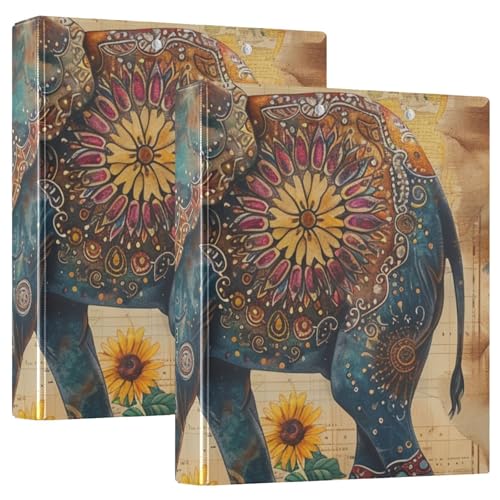 Notizbuch mit 3 Ringen, 3,8 cm, Retro-Stil, Boho, Elefant, Sonnenblumen, mit Klemmbrett, 1/2er-Pack, für Briefgröße (27,9 x 21,6 cm), 200 Blatt, 2 Stück von KLL