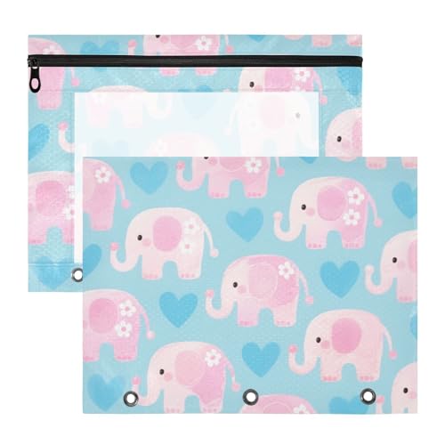 Ordner, stabile 3-Loch-Tasche für A4-Papier, Briefe, 2 Stück, Lehrer, Büro, niedliches Tier, rosa Elefant, blaues Herz von KLL
