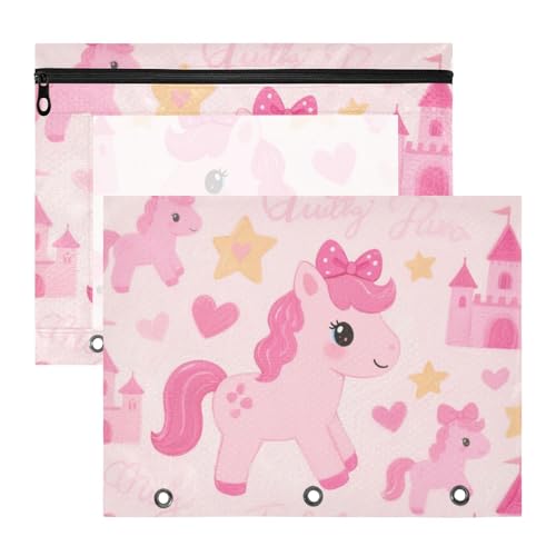 Ordner, transparent, 3 Löcher, Tasche für 3 Ringe, 2 Stück, Lehrerklasse, niedliches Cartoon, rosa Pferd von KLL