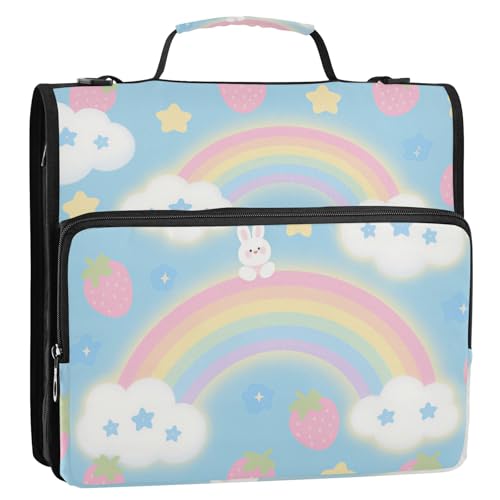 Ordner-Organizer mit 3 Ringen, Cartoon-Regenbogen- und Erdbeerblau, 3,8 cm, mit Griff und abnehmbarem Schultergurt, Schulordner mit mehreren Taschen, Organizer für Büro, Schule, Carpeta de Cremallera von KLL