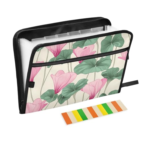 Ordner für Dokumente, 13 Fächer, A4, Briefgröße mit Reißverschluss, für Büro, Organizer, Mappe mit rosa Blumen und grünen Blättern von KLL
