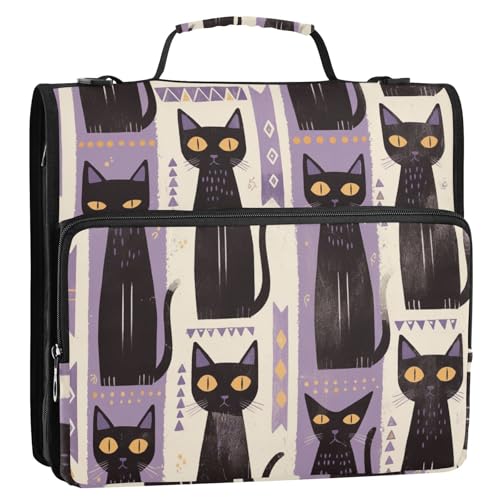 Ordner mit 3 Ringen im Tribal-Stil, schwarze Katzen, violett, gestreift, Reißverschluss mit Griff, leicht zu transportieren, Dokumentenordner, Organizer für Büro, Schule Ordner mit 3 Ringen im Tribal-Stil, schwarze Katzen, violett, gestreift, Reißverschluss mit Griff, leicht zu transportieren, Dokumentenordner, Organizer für Büro, Schule von KLL
