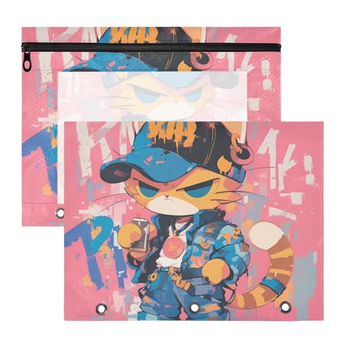 Ordner mit Reißverschluss, für A4-Papier, Briefe, 2 Stück, Lehrerklasse, Cartoon, Katze, Graffiti-Stil, bunt, Hip Pop von KLL