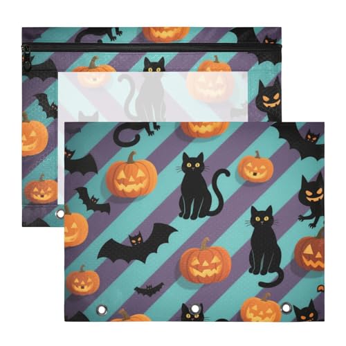 Ordner mit Sichtfenster, 3 Löcher, Tasche für 3 Ringe, 2 Stück, Studenten, Klasse, Halloween, Orange, gestreift, Kürbis, Fledermaus von KLL
