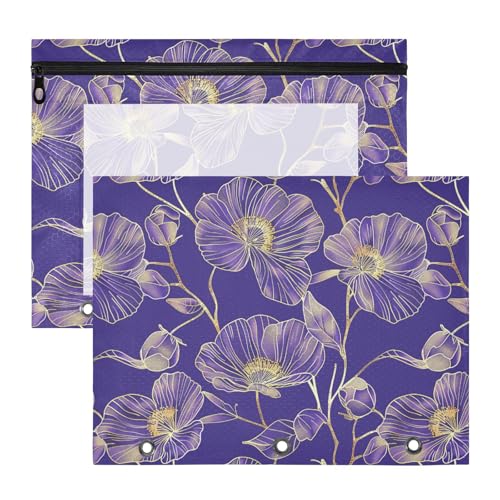 Ordner mit glatten Reißverschlüssen, Aufbewahrungstasche für A4-Papier, Briefe, 2 Stück, für Lehrer, Zuhause, Gold, Blumenmuster, Violett von KLL