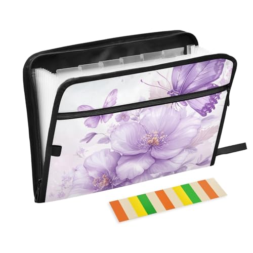 Para Guardar Schnellhefter mit Blumenmuster, Schmetterlinge, 13 Fächer, A4, Briefgröße mit Reißverschluss, für Büro, erweiterbare Hängemappen, Violett von KLL
