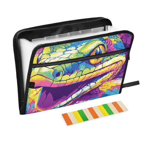 Pop-Art-Schlangen-Mappe mit mehreren Fächern, 13 Taschen, A4, Briefgröße mit Reißverschluss, für Bürobedarf, breite Aktenordner von KLL