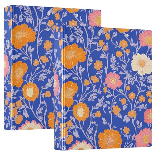 Ringbuch mit 3 Ringen, 3,8 cm, hellblauer Hintergrund, orange/rosa Blumen mit Innentaschen, 1/2er-Pack für Briefgröße (27,9 x 21,6 cm), Hardcover, 2 Stück von KLL