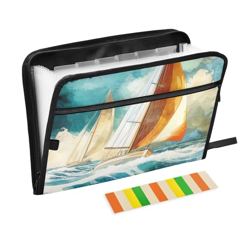 Schnellhefter mit Segelbooten, 13 Taschen, A4, Briefgröße mit Reißverschluss, für große Geschäftsmappen, Blau Schnellhefter mit Segelbooten, 13 Taschen, A4, Briefgröße mit Reißverschluss, für große Geschäftsmappen, Blau von KLL