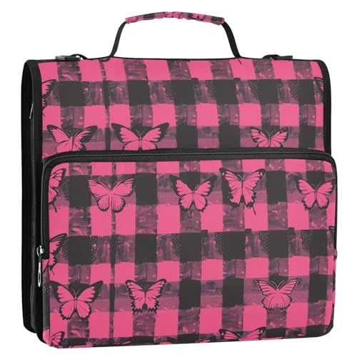 Schwarz-Pink Karomuster, Schmetterlinge, 3 Ringe, Schule, Reißverschluss, mit Schultergurt, viele Taschen, Dokumente, Mappen, Aufbewahrungstasche für Schüler Schwarz-Pink Karomuster, Schmetterlinge, 3 Ringe, Schule, Reißverschluss, mit Schultergurt, viele Taschen, Dokumente, Mappen, Aufbewahrungstasche für Schüler von KLL