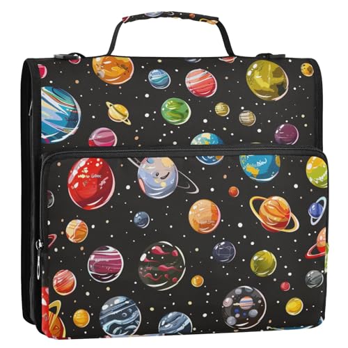 Schwarzer Hintergrund mit vielen kleinen Cartoon-Planeten, 3,8 cm, 3-Ring-Organizer, Ordner mit Schultergurt und Griff, Laege-Kapazität, Dokumenten-Aufbewahrungstasche für Schule/Büro Schwarzer Hintergrund mit vielen kleinen Cartoon-Planeten, 3,8 cm, 3-Ring-Organizer, Ordner mit Schultergurt und Griff, Laege-Kapazität, Dokumenten-Aufbewahrungstasche für Schule/Büro von KLL