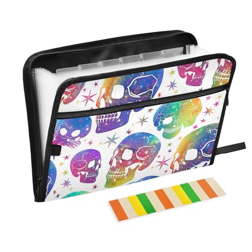 Vapour-Stil Totenköpfe, bunte Mappe mit Trennwänden, 13 Taschen, A4, Briefgröße mit Reißverschluss, für Dokumentenaufbewahrung, Fächermappe, Akkordeon, Para Guardar Documentos von KLL