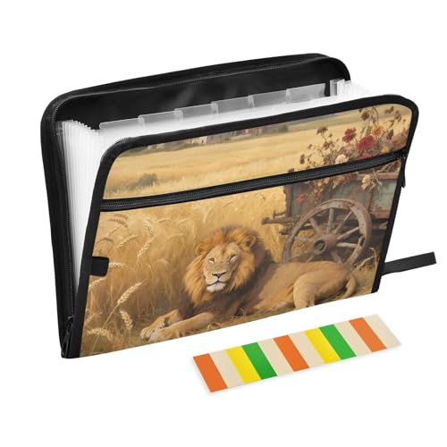 Weizenfeld-Löwen-Aktenordner, 13 Taschen, A4, Briefgröße mit Reißverschluss, für Papiere, Quittungen, Organizer, Braun von KLL