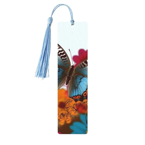 Buntes Lesezeichen aus Holz mit Blumen und Schmetterlingen für Buchliebhaber, DIY-Holzhandwerk, Lesezeichen, Holzanhänger mit bunten Quasten, Holzanhänger, Etiketten, Ornamente, ungewöhnliches von KLLTYHMU