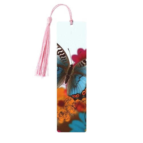 Buntes Lesezeichen aus Holz mit Blumen und Schmetterlingen für Buchliebhaber, DIY-Holzhandwerk, Lesezeichen, Holzanhänger mit bunten Quasten, Holzanhänger, Etiketten, Ornamente, ungewöhnliches von KLLTYHMU