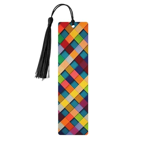Buntes kariertes Holz-Lesezeichen für Buchliebhaber, DIY-Holzhandwerk, Lesezeichen, Holzanhänger zum Aufhängen mit bunten Quasten, Holzanhänger, Etiketten, Ornamente, ungewöhnliches Geschenk für von KLLTYHMU
