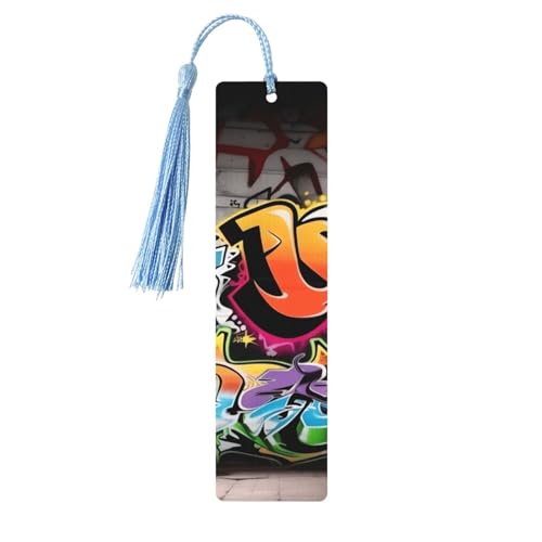 Graffiti-Lesezeichen aus Holz für Buchliebhaber, DIY-Lesezeichen mit bunten Quasten, Holz-Geschenkanhänger, Etiketten, rechteckiges Lesezeichen, Ornamente, ungewöhnliches Geschenk für Männer und von KLLTYHMU