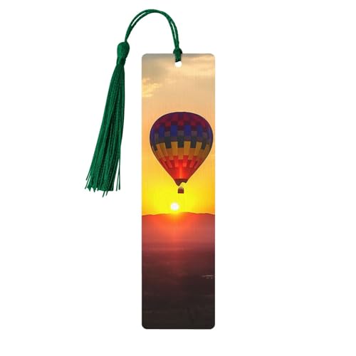 Holz-Lesezeichen mit Heißluftballon und Sonnenuntergang für Buchliebhaber, DIY-Holzhandwerk, Lesezeichen, Holzanhänger mit bunten Quasten, Holzanhänger, Etiketten, Ornamente, ungewöhnliches Geschenk von KLLTYHMU