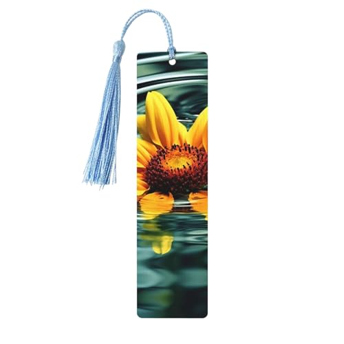 Holz-Lesezeichen mit Sonnenblume im Wasser, für Buchliebhaber, DIY-Lesezeichen, Holz-Bastel-Lesezeichen mit bunten Quasten, Holz-Etiketten, Ornamente, ungewöhnliches Geschenk für Männer und Frauen von KLLTYHMU