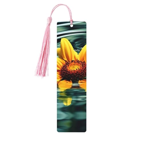 Holz-Lesezeichen mit Sonnenblume im Wasser, für Buchliebhaber, DIY-Lesezeichen, Holz-Bastel-Lesezeichen mit bunten Quasten, Holz-Etiketten, Ornamente, ungewöhnliches Geschenk für Männer und Frauen von KLLTYHMU