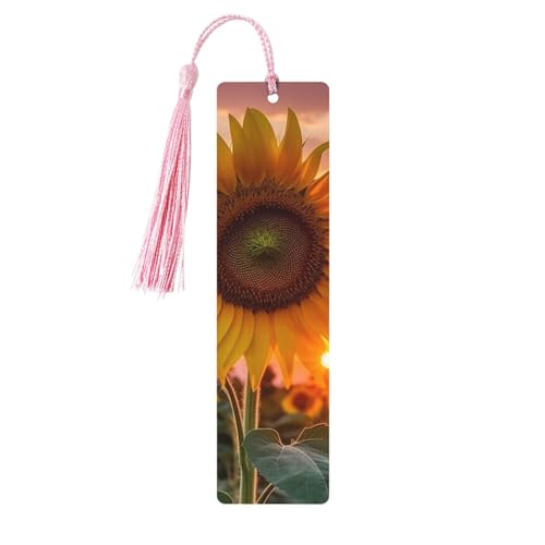 Holz-Lesezeichen mit Sonnenblume mit Sonnenuntergang für Buchliebhaber, DIY-Lesezeichen aus Holz, zum Aufhängen, mit bunten Quasten, Holzanhänger, Etiketten, Ornamente, ungewöhnliches Geschenk für von KLLTYHMU