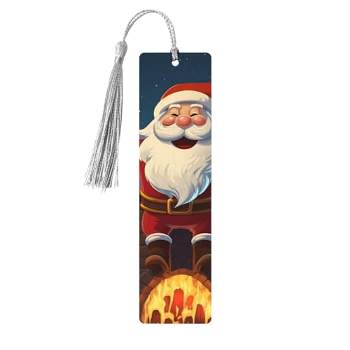 Holz-Lesezeichen mit Weihnachtsmann in den Schornstein, für Buchliebhaber, DIY-Holzhandwerk, Lesezeichen, Holzanhänger mit bunten Quasten, Holzanhänger, Etiketten, Ornamente, ungewöhnliches Geschenk von KLLTYHMU