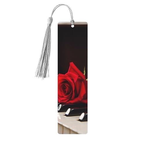 Holz-Lesezeichen mit roten Rosen auf Klavier, für Buchliebhaber, DIY-Holzhandwerk, Lesezeichen, Holzanhänger mit bunten Quasten, Holzanhänger, Etiketten, Ornamente, ungewöhnliches Geschenk für Männer von KLLTYHMU