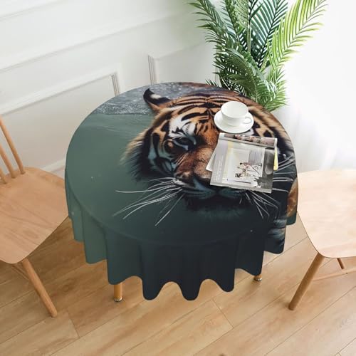 KLLTYHMU Runde Tischdecken, wasserdicht, flecken- und knitterfrei, Motiv: Tiger, Schwimmen, dekorative Bauernhaus-Tischdecke für Picknick, Party, Esszimmer, Zuhause, Innen- und Außenbereich von KLLTYHMU