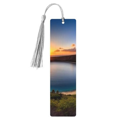 Lesezeichen "Sunrise Over Hanauma Bay", Hawaii, für Buchliebhaber, DIY-Lesezeichen aus Holz, zum Aufhängen, mit bunten Quasten, Holzanhänger, Etiketten, Ornamente, ungewöhnliches Geschenk für Männer von KLLTYHMU