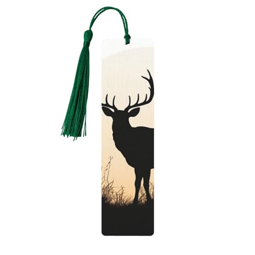 Lesezeichen aus Holz mit Hirsch-Silhouette, für Buchliebhaber, DIY-Holzhandwerk, Lesezeichen, Holzanhänger mit bunten Quasten, Holzanhänger, Etiketten, Ornamente, ungewöhnliches Geschenk für Männer von KLLTYHMU