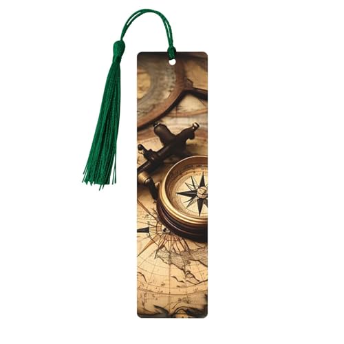 Lesezeichen aus Holz mit Kompass und alter Weltkarte, für Buchliebhaber, DIY-Holzhandwerk, Lesezeichen, Holzanhänger mit bunten Quasten, Holzanhänger, Etiketten, Ornamente, ungewöhnliches Geschenk für von KLLTYHMU
