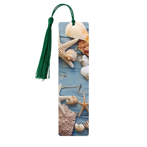 Lesezeichen aus Holz mit Muschel-Seestern-Muster, für Buchliebhaber, DIY-Holzhandwerk, Lesezeichen, Holzanhänger mit bunten Quasten, Holzanhänger, Etiketten, Ornamente, ungewöhnliches Geschenk für von KLLTYHMU