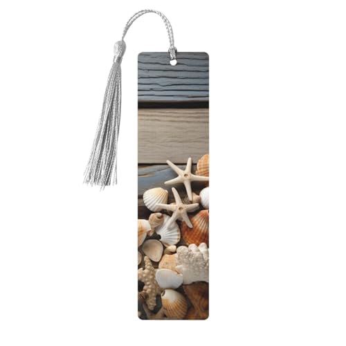 Lesezeichen aus Holz mit Muscheln auf Holzbrett, für Buchliebhaber, DIY-Holzhandwerk, Lesezeichen, Holzanhänger mit bunten Quasten, Holzanhänger, Etiketten, Ornamente, ungewöhnliches Geschenk für von KLLTYHMU