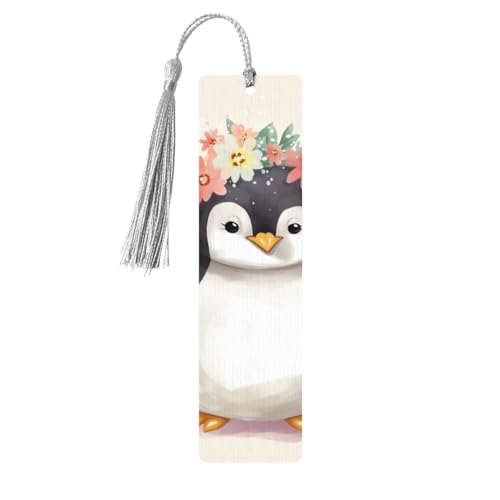 Lesezeichen aus Holz mit Pinguin mit Blumen für Buchliebhaber, DIY-Lesezeichen mit bunten Quasten, Holz-Geschenkanhänger, Etiketten, rechteckig, Ornamente, ungewöhnliches Geschenk für Männer und von KLLTYHMU
