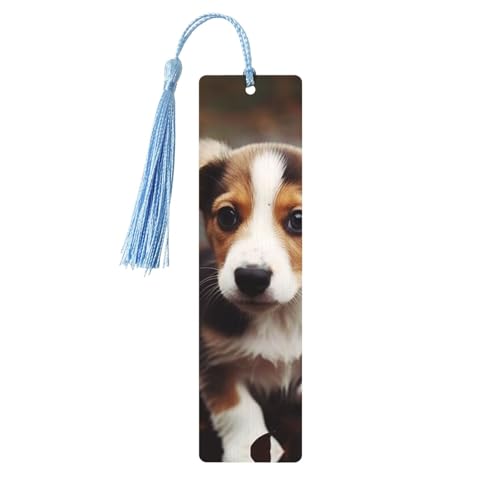 Lesezeichen aus Holz mit niedlichem Hund für Buchliebhaber, DIY-Lesezeichen mit bunten Quasten, Holz-Geschenkanhänger, Etiketten, rechteckiges Lesezeichen, Ornamente, ungewöhnliches Geschenk für von KLLTYHMU