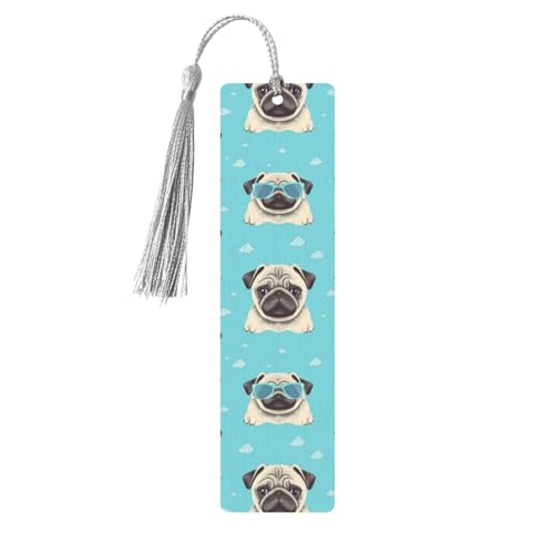 Lesezeichen mit niedlichem Mops-Motiv, für Buchliebhaber, zum Selbermachen, Holzhandwerk, Lesezeichen zum Aufhängen, mit bunten Quasten, Holzanhänger, Etiketten, Ornamente, ungewöhnliches Geschenk für von KLLTYHMU