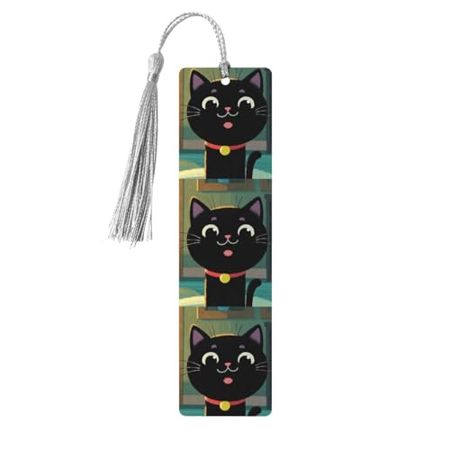 Niedliches Cartoon-Lesezeichen mit schwarzer Katze, für Buchliebhaber, DIY-Holzhandwerk, Lesezeichen, Holzanhänger mit bunten Quasten, Holzanhänger, Etiketten, Ornamente, ungewöhnliches Geschenk für von KLLTYHMU