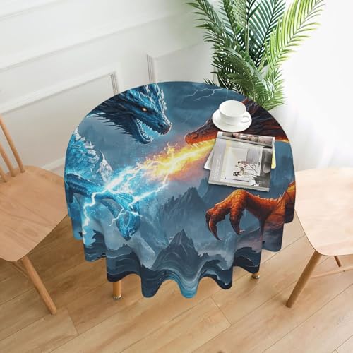 Runde Tischdecke, wasserdicht, flecken- und knitterfrei, Eisdrache und Feuerdrache, dekorative Bauernhaus-Tischdecke für Picknick, Party, Esszimmer, Zuhause, Innen- und Außenbereich von KLLTYHMU