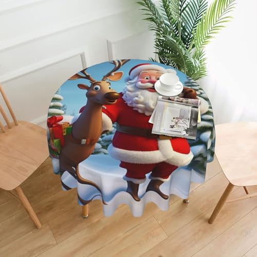 Runde Tischdecke, wasserdicht, flecken- und knitterfrei, Weihnachtsmann, Rentier, dekorative Bauernhaus-Tischdecke für Picknick, Party, Esszimmer, Zuhause, Innen- und Außenbereich Runde Tischdecke, wasserdicht, flecken- und knitterfrei, Weihnachtsmann, Rentier, dekorative Bauernhaus-Tischdecke für Picknick, Party, Esszimmer, Zuhause, Innen- und Außenbereich von KLLTYHMU