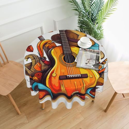 Runde Tischdecken, 152,4 cm, wasserdicht, flecken- und knitterfrei, runde Tischdecke, lustige Cartoon-Hüte, Gitarre, dekorative Bauernhaus-Tischdecke für Picknick, Party, Esszimmer, Zuhause, Innen Runde Tischdecken, 152,4 cm, wasserdicht, flecken- und knitterfrei, runde Tischdecke, lustige Cartoon-Hüte, Gitarre, dekorative Bauernhaus-Tischdecke für Picknick, Party, Esszimmer, Zuhause, Innen von KLLTYHMU